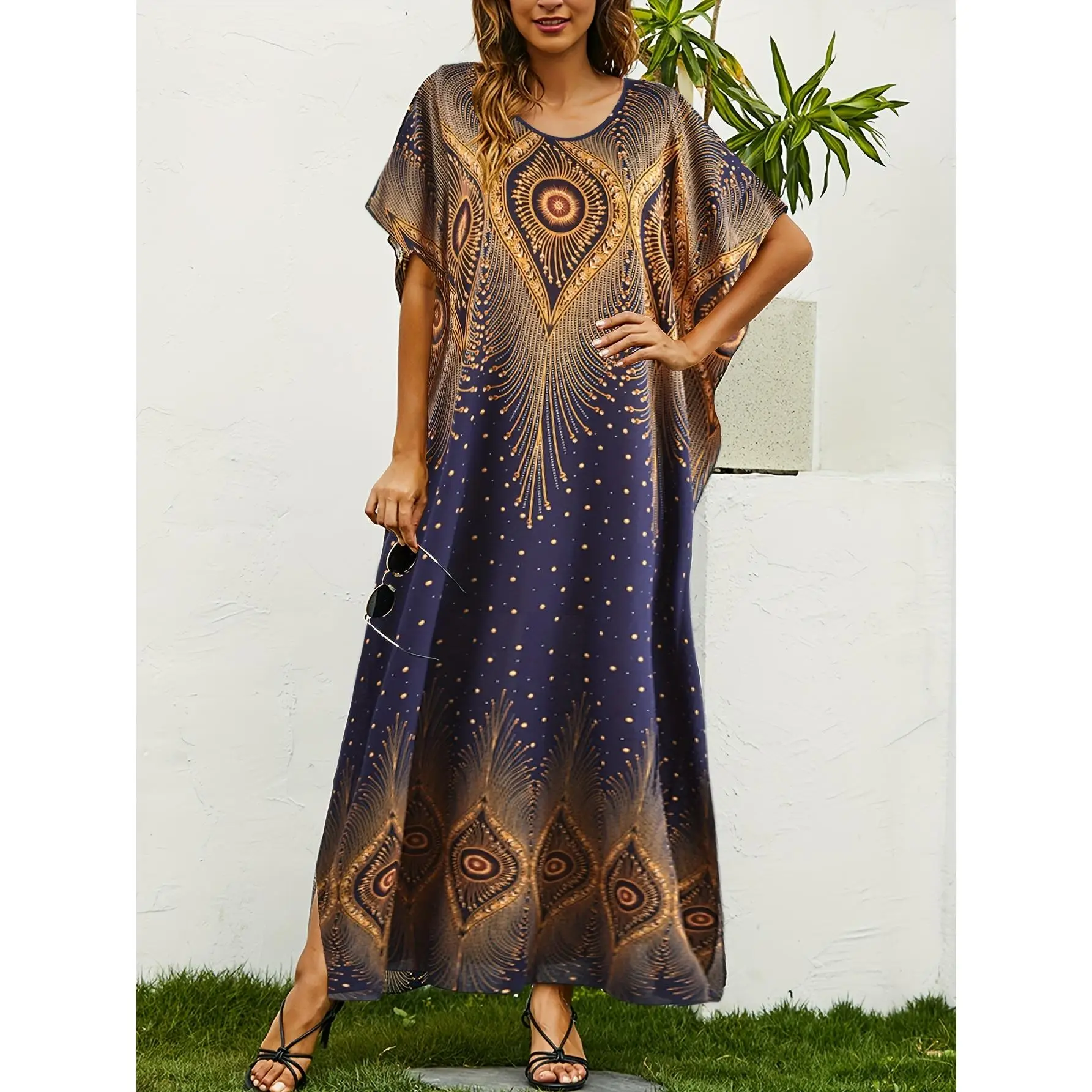 Casual Short Sleeve Allover Print Crew Neck Loose Fit Maxi Dress - Women's Clothing for Spring & Summer