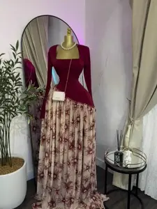 PULKRITU Elegant Women's Floral Printed Long Sleeve Dress, Stylish Formal Evening Gown for Special Occasions, Birthday Holiday Evening Sexy Party Ladies Big Swing Dresses Vestidos