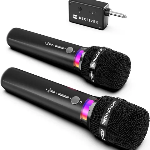 summerwins Wireless Dual Audio Microphones - Rechargeable 1200mAh, 3.5mm Jack, 1-to-1 Chip Connection, LED Lights, 40H Battery, 200FT Range, Low Latency, 1*Receiver, 1*USB-C Cable, 1*User Manual, for Karaoke Singing & Weddings