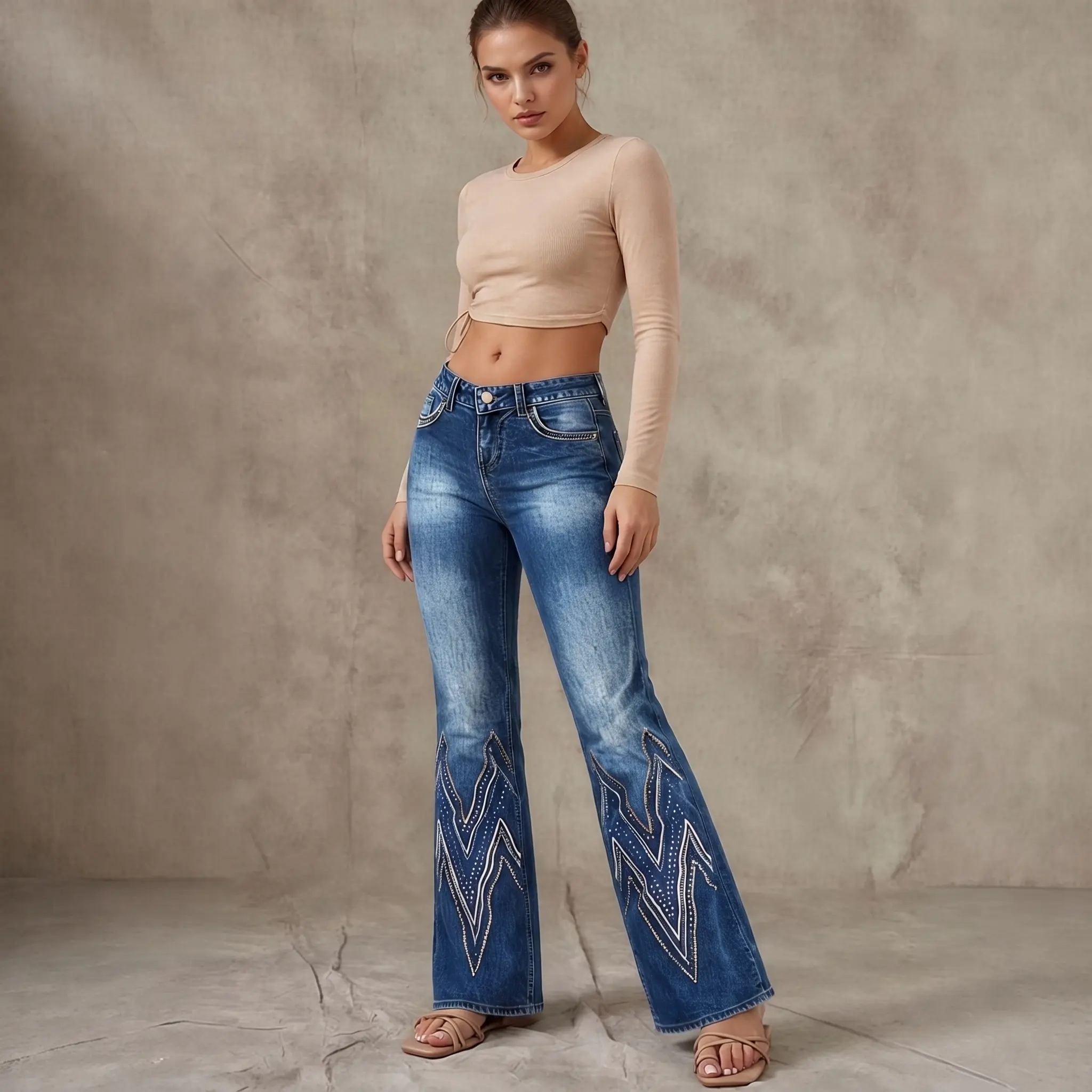 Women High Waist Embroidered Rhinestone Flare Jeans Vintage Western Bootcut Denim Pants