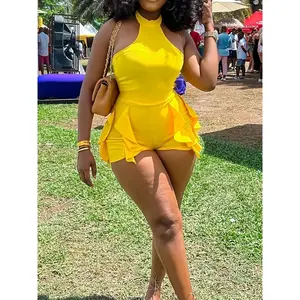 Women's Sexy Halter-Neck Romper with Flirty Ruffle Hem - Sleeveless Vibrant Yellow Stretchy Machine-Washable Jumpsuit for Spring/Summer Outings, Beach Parties & Casual Wear, Beach Dresses