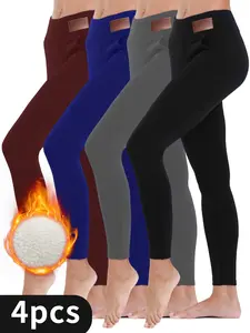 4-pack, high-waisted solid leather label pocket plush pants, warm and comfortable, suitable for winter sports and leisure