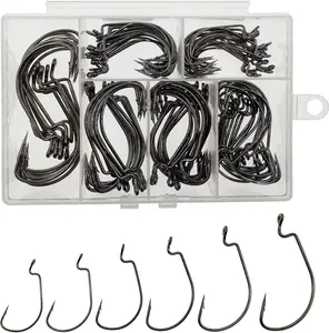 "SNAG IT FAST" Worm Hooks for Bass Fishing Hooks, 110pcs Bass Hooks Fishing, 6 Sizes Fishing Hooks Freshwater, Eagle Claw Fishing Hooks Bass #1 1/0 2/0 3/0 4/0 5/0 High Carbon Steel with Portable Plastic Box