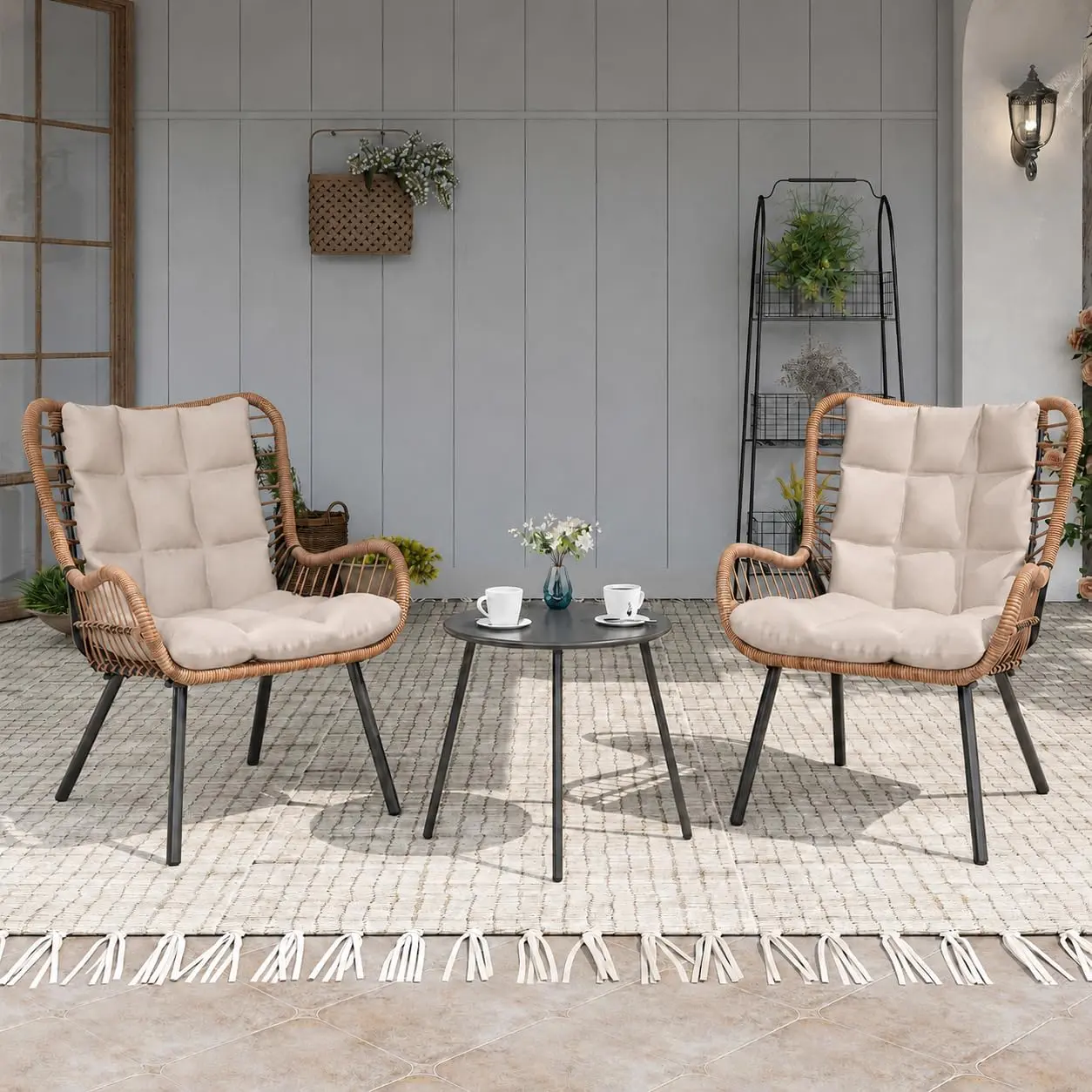 LAUSAINT HOME 3-Piece Modern Outdoor Furniture Set, 2-Seat Small Patio Bistro Set with High-Back Thick Cushions and Coffee Table, White Front Porch Furniture for Lawn, Balcony