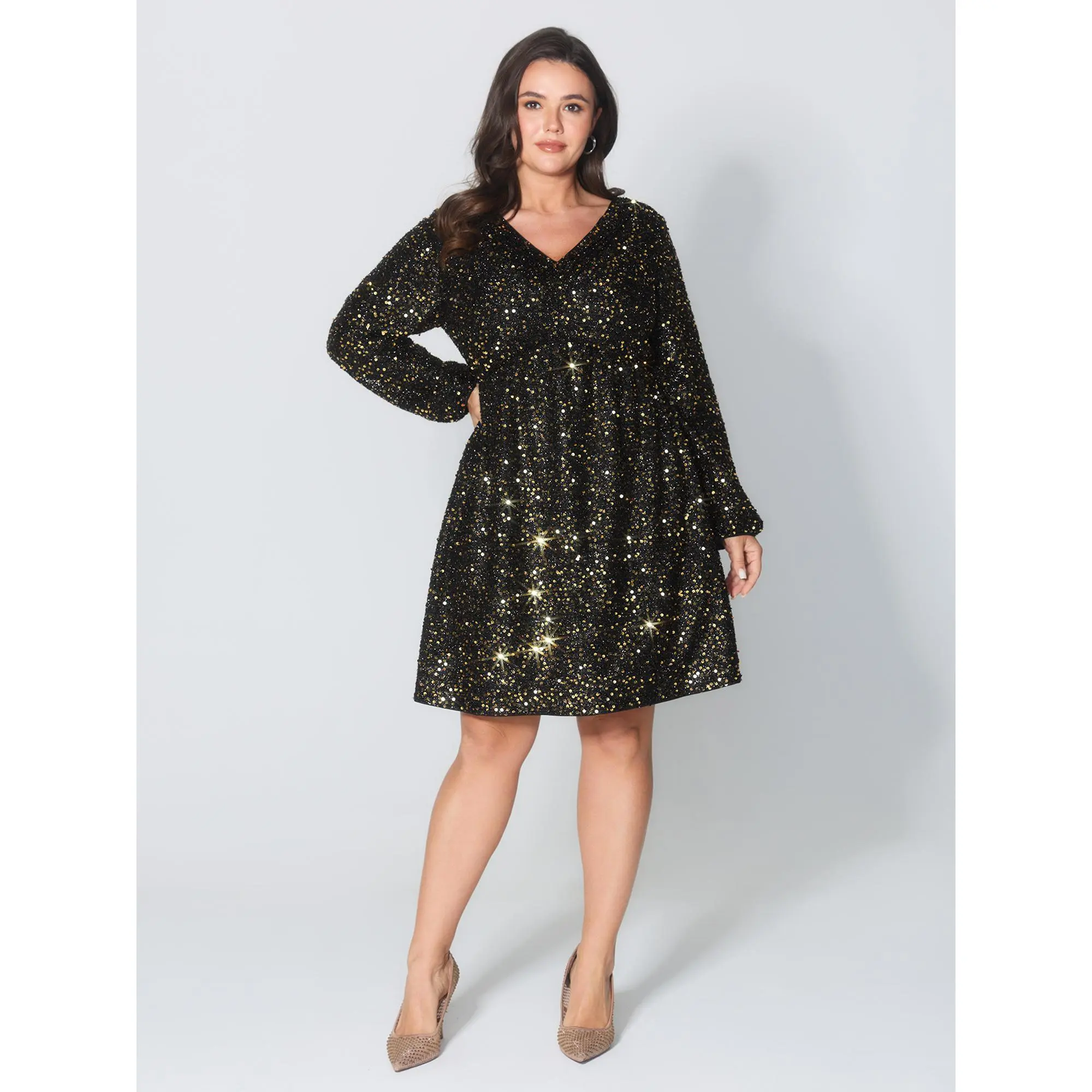 BLOOMCHIC Plus Size Solid Shimmery Sequin V-Neck Knee-Length Formal Dress [M-6X] - Polyester Spandex Fabric, 2026 Summer Cocktail Wear,Summerfinds