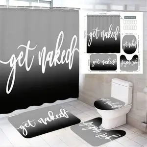 1/4pcs Gradient Black to Gray Bathroom Decor Set - Get Naked Shower Curtain, Matching Floor Mats & Toilet Seat Cover, Perfect for Easter, Mother's Day, Valentine's Day & Modern Home Decoration - 4-Piece Set with Hooks, Shower Curtain Sets