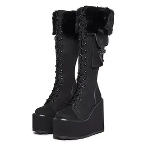 Punk Goth Boots Lace Up Chunky Wedge Heel Faux Fur Pouch Mid Calf Boots for Women Soft Stylish