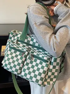 New Korean Style Checkered Velvet Tote Bag, Large Capacity Commuter Shoulder Bag, Multi-Pocket Design, Adjustable Strap, Durable, Multiple Colors