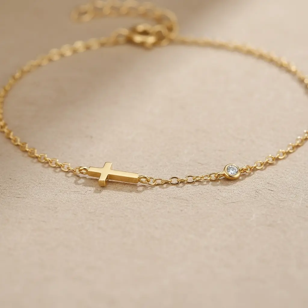 Sideways Cross Bracelet • 14K Gold Vermeil, CZ Diamond • Christian Gift