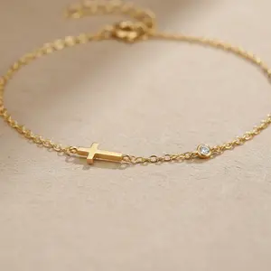 Sideways Cross Bracelet • 14K Gold Vermeil, CZ Diamond • Christian Gift