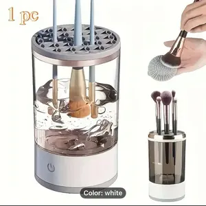 Portable Cordless Makeup Brush Cleaner Machine with Holder & Sponge Washer System USB Battery Powered Digital Display One Touch Cleaning Travel Friendly Soak Technology Brush Compatibility Compact Design for Home White