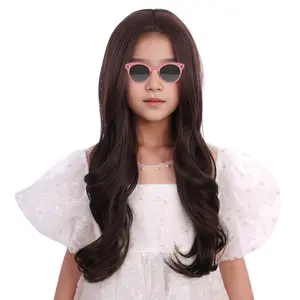 L-HDW001   Kids Mixed Brown Wig Child Long Dark Brown Wavy Curly Wig Girls Chocolate Middle Part Wigs Heat Resistant Synthetic Wigs with Cap