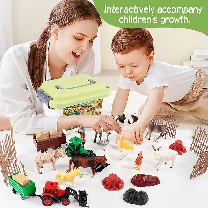32 Pcs Farm Animal Toys Set with Storage Bucket, Realistic Farm Figures Tractors & Fence Playset, Educational Cognitive Pretend Play Toy for Toddler Kids, Ideal Holiday Birthday Gift