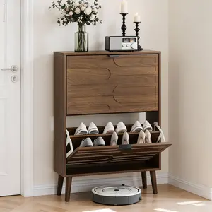 Medieval Modern Independent Shoe Cabinet | 23.62-Inch Walnut Farmhouse Fence Shoe Storage with 2 Flip Drawers & Anti-Tip Device | For Entryway, Hallway