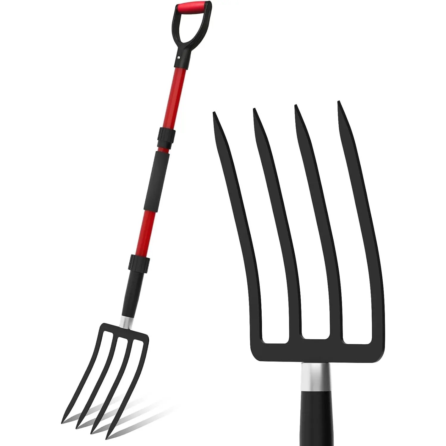 Garden Fork, 44inch Forks, with Fiberglass Handle, Gardening Spade Fork, with 4 Metal Teeth, Heavy-Duty Fork, Suitable for Compost, Mulch, Digging, Aeration, Red