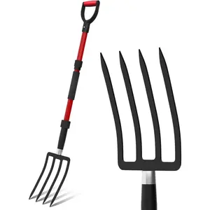 Pitch Fork for, 44-Inches Pitchfork with Fiberglass Handle, Spading Fork with 4 Tines, Pitchfork for Manure, Mulch, Digging, Aeration, Red