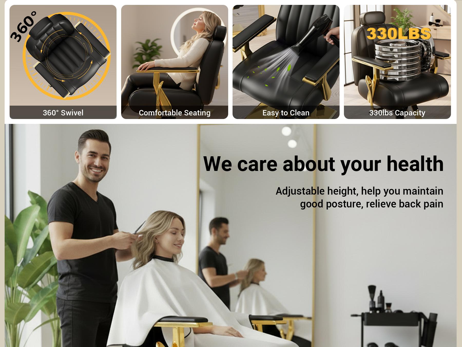 Baasha Luxury Black & Gold Reclining Salon Chair | Adjustable & Removable Headrest | 330lbs Heavy Duty Hydraulic Pump | High-Density Foam Soft PU Leather | 360° Swivel All-Purpose Styling Chair for Tattoo, Makeup & Hair Stylists