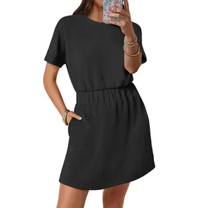 ANRABESS Womens Dresses 2026 Summer Casual Short Sleeve Crew Neck Elastic Waist Mini T Shirt Dress with Pockets