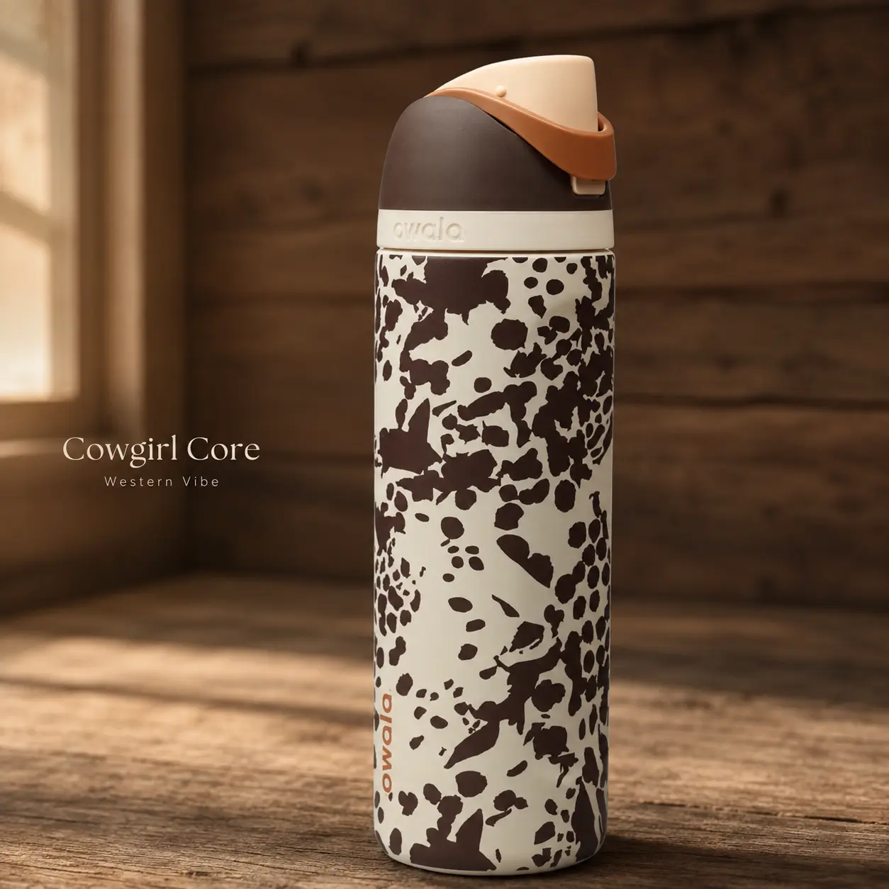Owala FreeSip 32 oz Cowgirl Core Insulated Water Bottle – Cow Print Stainless Steel Bottle with Built-In Straw & Carry Loop