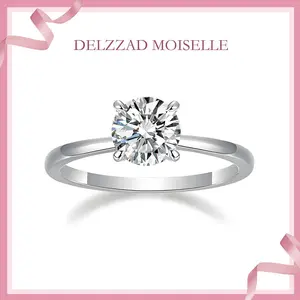 Delzzad S925 1-2ct Round VVS Synthetic Moissanite Solitaire Four-Prong Ring Band Engagement Wedding Ring Daily Costume Jewelry Accessories Anniversary Valentine's Day Gifts for Her Women Girls