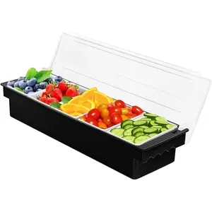Bar Top Food & Condiment Dispenser 5-grid Chilled Garnish Tray Bar with Lid for Bartending & Serving Taco, Ice Cream, Fruit, Salad Bar (Black)