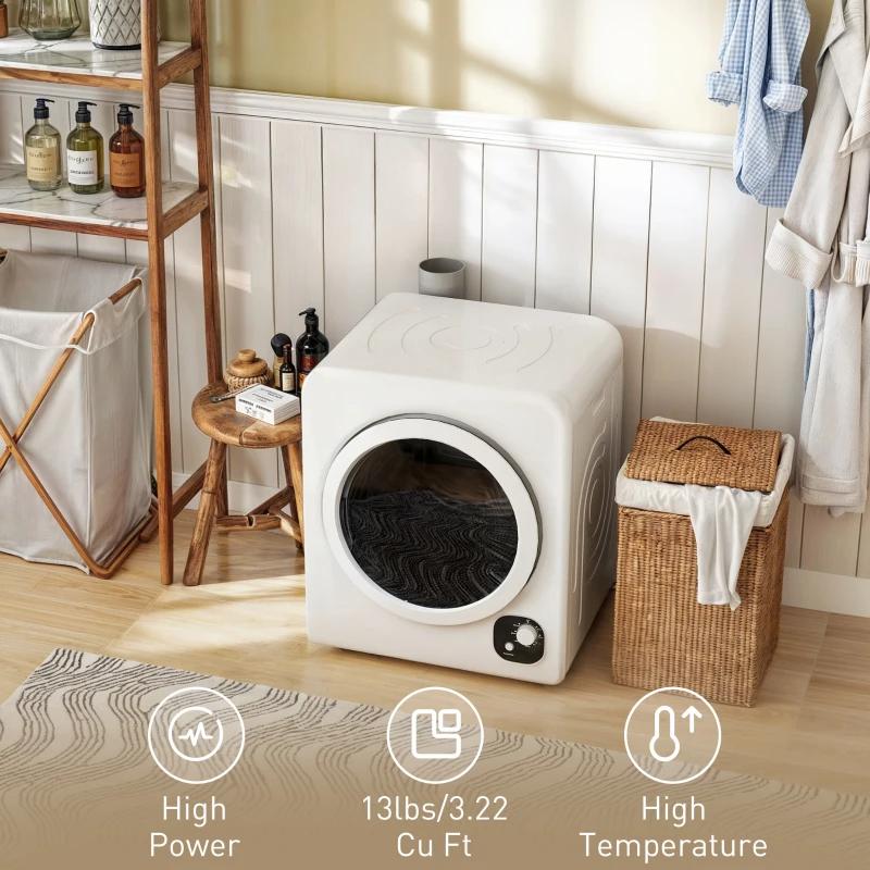 HOMCOM 120V Portable Clothes Dryer 1300W Compact Laundry Tumble Dryer Machine 3.3 Cu. Ft Stainless Steel Tub White Small Clothes Drying Machine with 4 Programs & Quiet Operation
