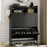 XIXINI Slim Fit MDF Wood Freestanding Shoe Organizer - Rectangular Double Drawer Apartment Furniture with Hidden Shelves, Metal Hooks, Stable Designer Style, 44.7”h x 9.2”d x 30.7”w, Assembly Required (for Corridor, Living Room)