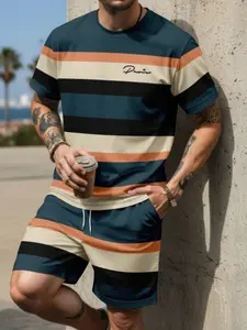 Men's 3D Printed Colorblock Striped Short Sleeve T-Shirt and Shorts Set, Casual Fitted All over Print Suit for All Seasons