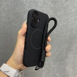 Magnetic Liquid Silicone Phone Case with Wrist Strap, Shockproof Protective Cover for iPhone 17 16 14 13 12 Pro Max Plus, Magsafe Compatible
