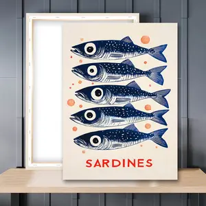 1pc Wooden Framed, Artistic Vintage Sardine Print Poster, Kitchen Wall Art Canvas Painting, Fish Art Poster Print Wall Pictures, Kitchen Wall Decor, Home Decoration