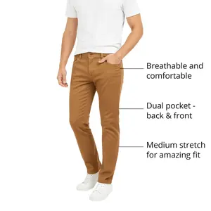 Men's Single Pack Chinos Slim Fit Stretch Pants Breathable Comfortable Dual Pocket Medium Stretch for Amazing Fit Machine Washable Menswear Stylish Beige Plain Trouser