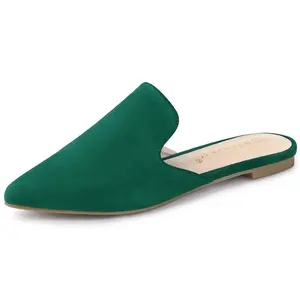BLISSFUL STEP Pointed Toe Flat Slides Mules Emerald Green