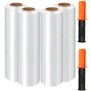 Shrink Wrap, Stretch Wrap with Handles, Stretch Film Roll Industrial Strength, Plastic Wrap for Pallet Wrapping Shipping Moving, 15 Inch x 1000 Ft, 4 Pack, 60 Gauge