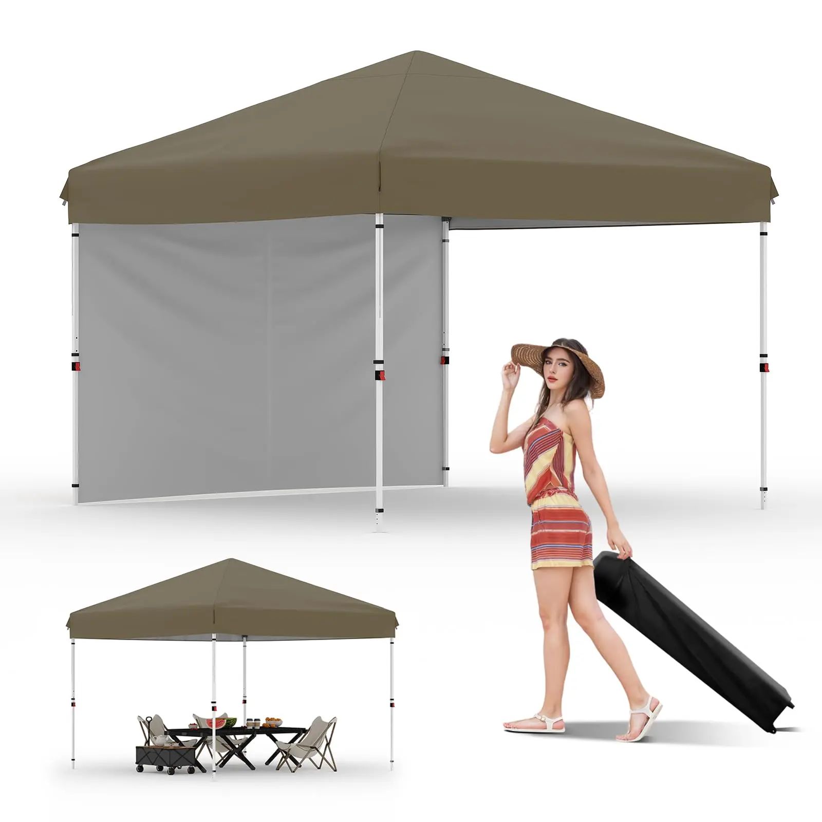 GAOMON 10x10 Pop Up Canopy Tent Outdoor Canopy with 1 Removable Sidewall One-Person Set Up Heavy Duty Commercial Instant Tent Shelter-Brown