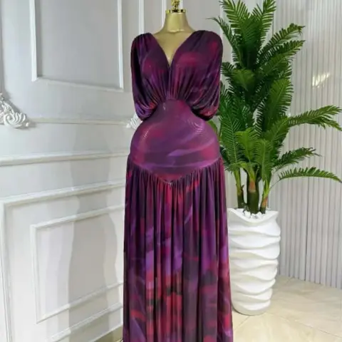 PULKRITU Women's Lady Tie-Dye Print V-Neck Batwing Short Sleeve Maxi Dress, Womenswear Autumn Birthday Party Vacation Gown, Sexy Evening Dress, Elegant Fashion Dress, Pleated A-line Trendy Floor Length Dresses, Streetwear Beach Clothing