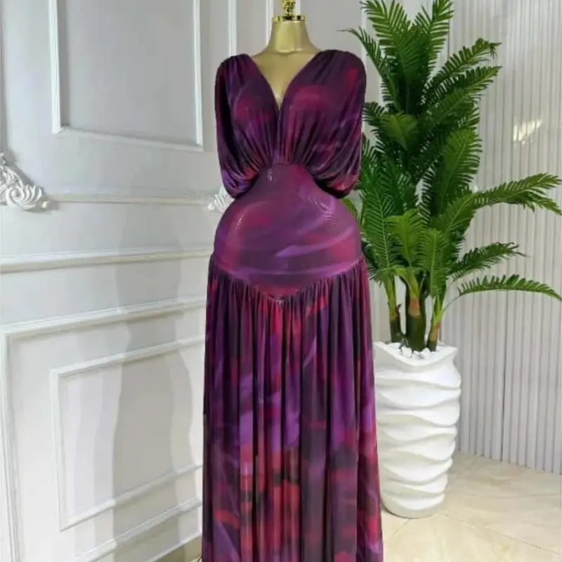 PULKRITU Women's Lady Tie-Dye Print V-Neck Batwing Short Sleeve Maxi Dress, Womenswear Autumn Birthday Party Vacation Gown, Sexy Evening Dress, Elegant Fashion Dress, Pleated A-line Trendy Floor Length Dresses, Streetwear Beach Clothing