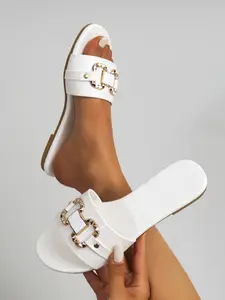 Women's Black White Red Flat Sandals 2026 – Mules with Metal Stud Buckle Design, Minimalist Slip-On Slides, Casual Summer Footwear, for Summer Beach & Everyday Wear, Comfortable Lightweight Shoes with Soft Cushioned Sole