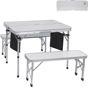 Nice C Picnic Table, Folding Picnic Table, Camping Table with 2 Bench, Hole for Umbrella, Mesh net for Storage, Backyard, Party, Outdoor, Patio, Lawn