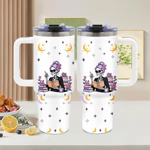 Book Skeleton, 40oz tumbler with handle, Summer Ice Stainless Steel Vacuum Insulated Travel Mug, purple vintage boho design, Skeleton Lover Gift, for office and coffee bar, Halloween, Water Bottle, Tumbler Gift for Women and Men