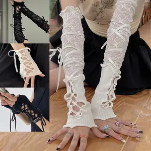 Women's Lace Up Arm Sleeves, Fingerless Mesh Gloves Punk Gothic, Sexy Fishnet Sunscreen Arm Warmers for Festival Rave