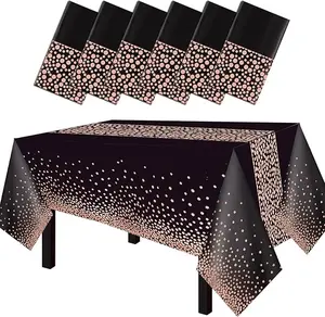 6 Packs 54"x108" Rose Gold Wave Point Black Disposable Plastic Table Cover Waterproof Tablecloths for Rectangle Tables up to 8 ft in Length Party Decorations