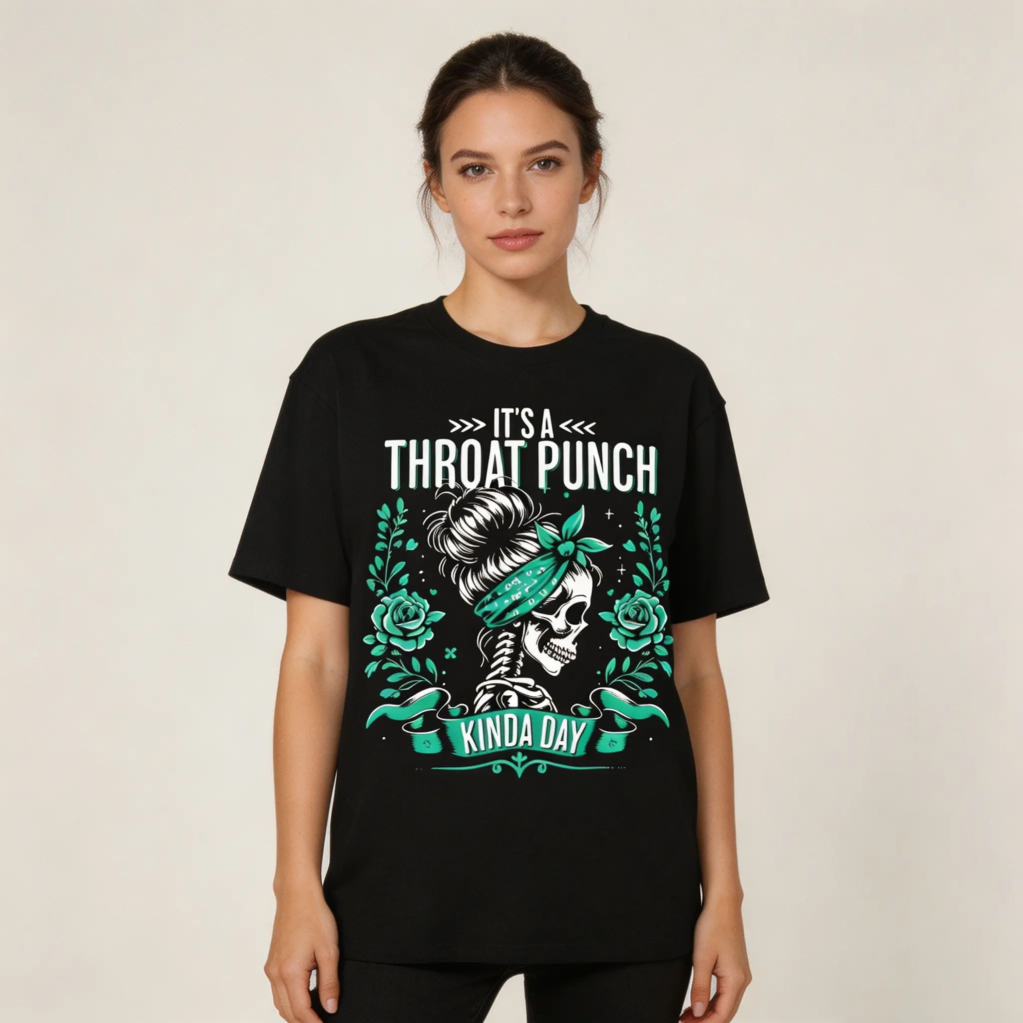 Green Rose Messy Bun Skeleton Vintage Tattoo Style Graphic Short Sleeve T-Shirt, Unisex Summer Vacation Back To School Gothic Art Casual Tops, 100% Pure Cotton Printed Craft Summervibes Tee, Soft Breathable Relaxed Fit everyday outfits