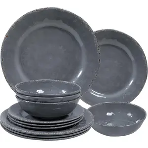 12 count  Melamine Dinnerware Sets, Durable Set Of 4 Plates and Bowls Set, Lightweight Dishes Dinnerware Sets for Indoor and Outdoor Use, ,Cool Gray