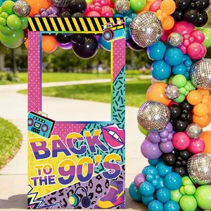 1 count 2D FLAT Colorful 90S Party Decorations Banner Photo Booth Props, Durable Polyester Fabric 70S Retro Theme Party Frame Banners And Photo Props for 80S And 90S Birthday Party Vintage Hip Hop Party Supplies, for 4 Seasons Festive Party Decor