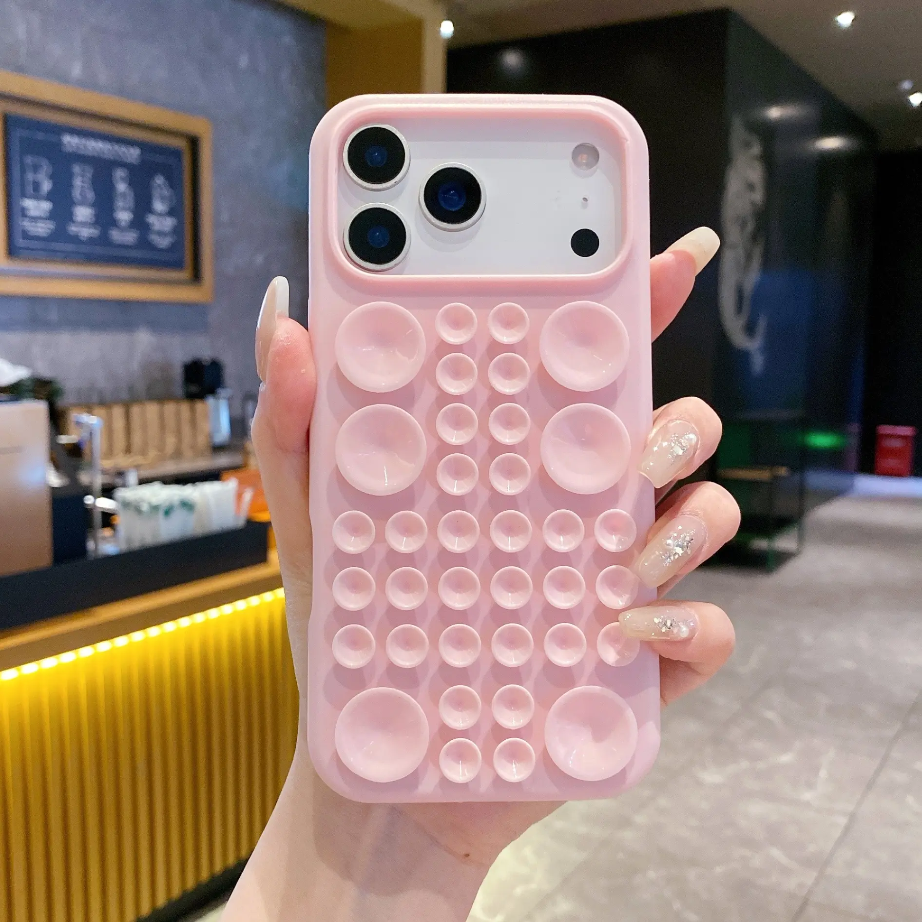 Suction Cup Phone Case for iPhone 17 16 15 14 13 Pro Max, Cute Bubble Pop Fidget Design Liquid Silicone Cover, Built-In Kickstand Grip Holder, Shockproof Soft Protective Case