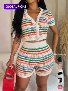 Women's Colorblock Striped Print Button Front Fitted Crop Cardigan & High Waist Shorts Sweater Co-ord Set, Casual Short Sleeve Collared Top & Skinny Shorts for Summer Matching Sets