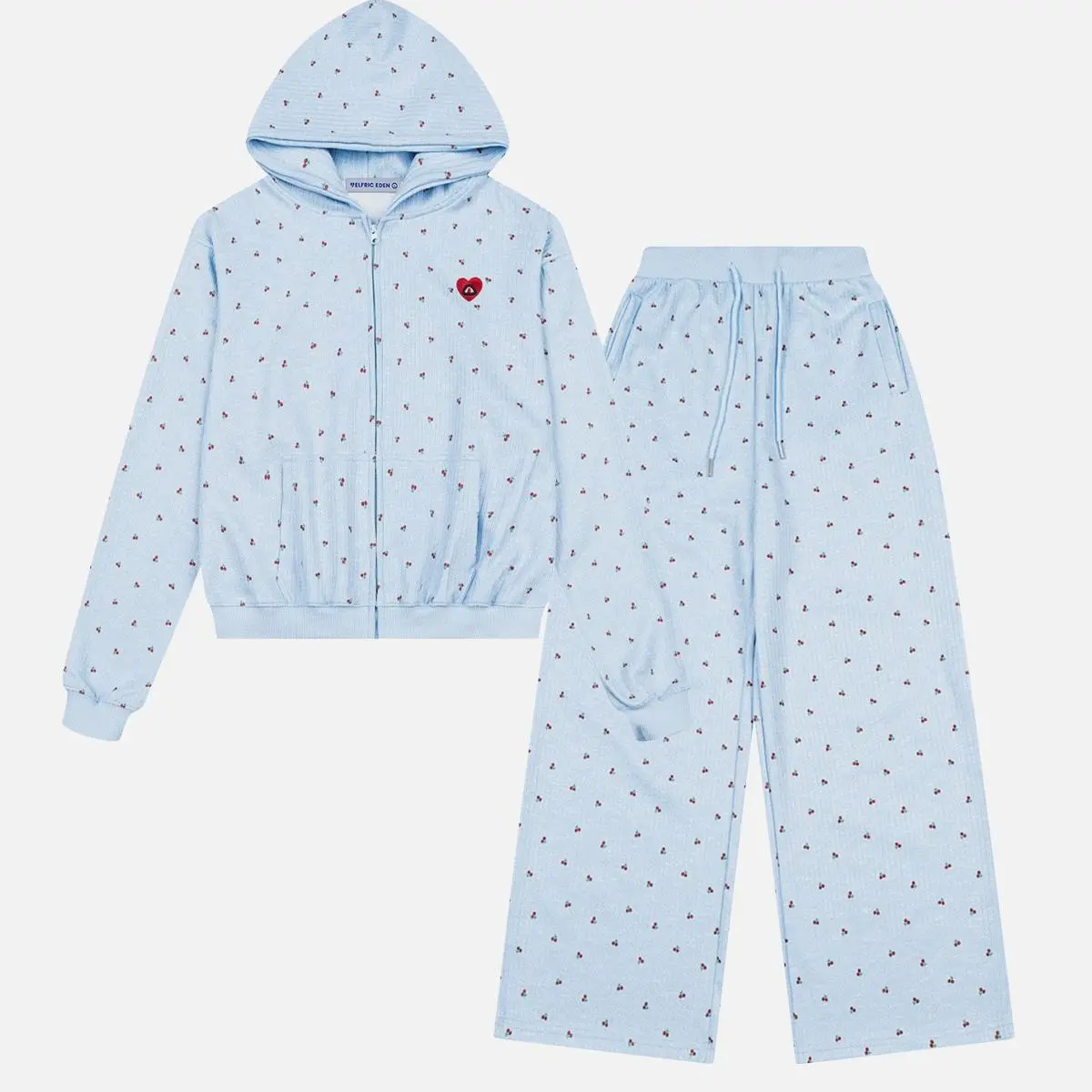 Aelfric Eden Cherry Print Zip Up Hoodie Wide Leg Pants Set All Over Fruit Graphic Relaxed Fit Y2K Cute Casual Lounge Two Piece Set for Women