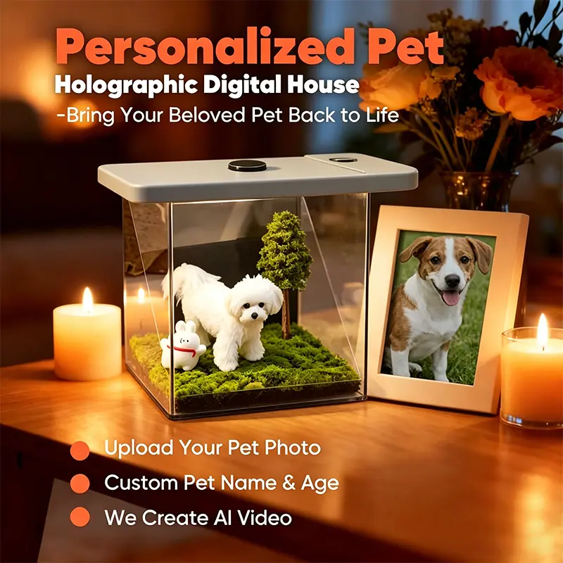 Viral AI Custom 3D Hologram Memorial Box - Personalized Photo Upload Keepsake, Dog Rainbow Bridge Sympathy Gift with QR Scan Setup Guide, Silicone Muzzle, Holographic Pet Feeder, Flexible Shaft, Holographic Effect, Acrylic Decorative Figurines, Memorial G