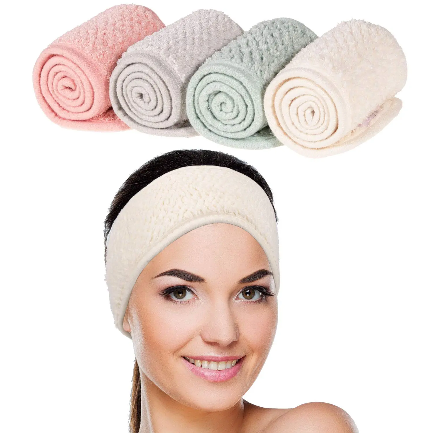 4 Pack Spa Facial Headband, Pea Green, Pink, Beige, Light Gray | Makeup Hair Wrap, Adjustable Hair Band, Soft Towel Head Band, for Face Washing, Shower Sports Yoga