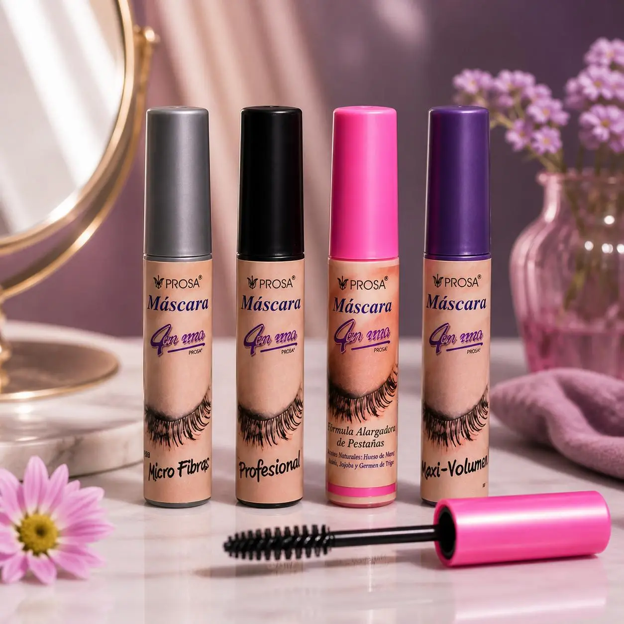 Prosa Viral 4 Pack 4 in 1 Mascara Collection Professional Silicone Brush for Natural Lash Definition Longer Length Waterproof Aloe Vera Jojoba Wheat Germ - Water Proof